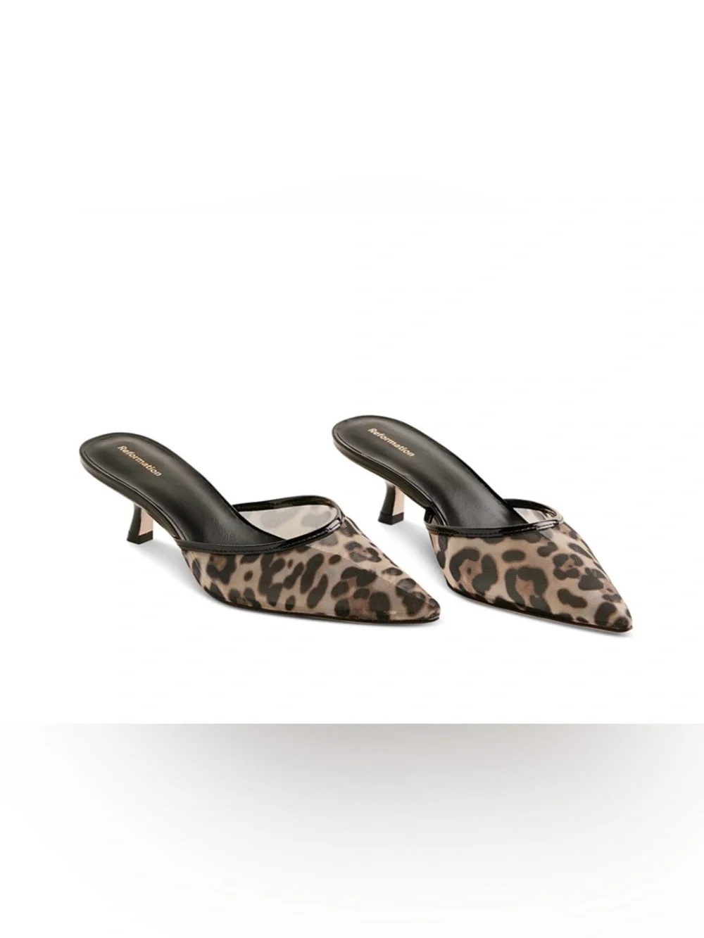 Reformation Wilda Kitten Heel Mules in a leopard print mesh fabric NWT - Picture 2 of 14